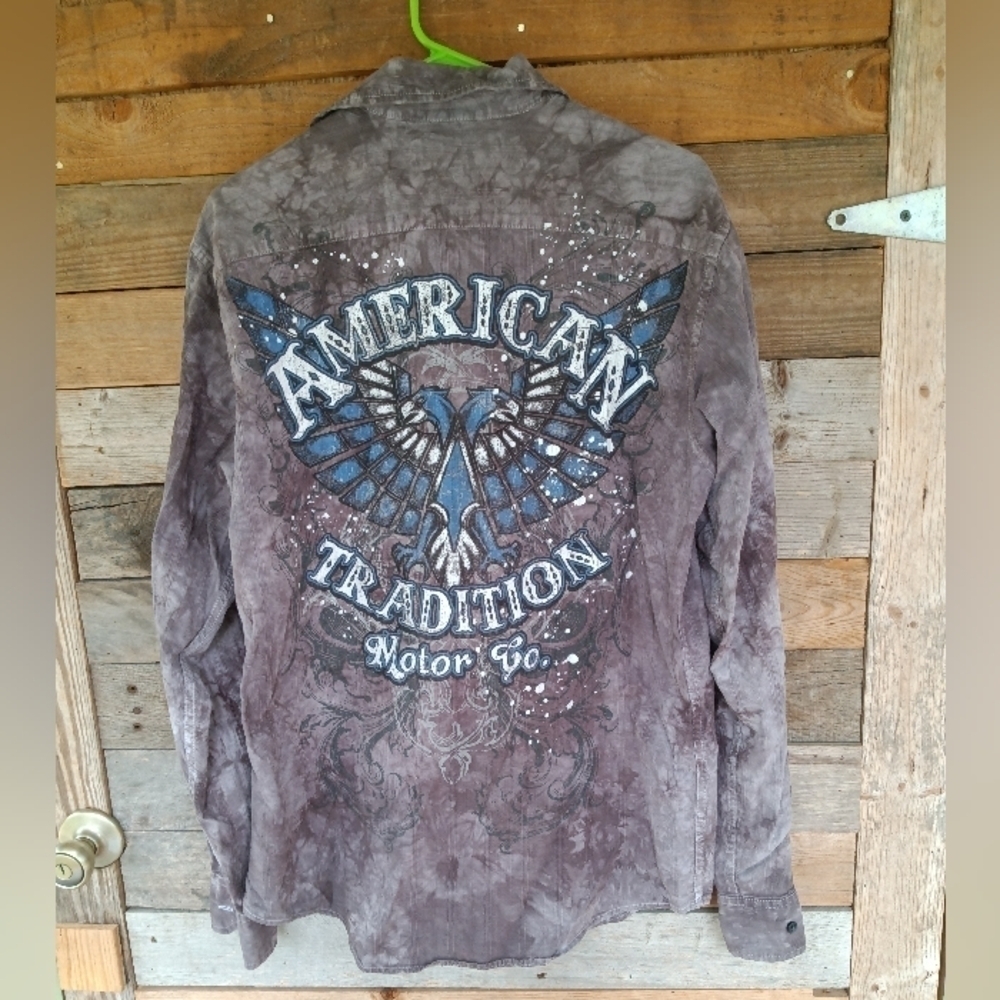 Men's American Tradition Motor Company Long Sleeve Gray Shirt Size Large L Biker